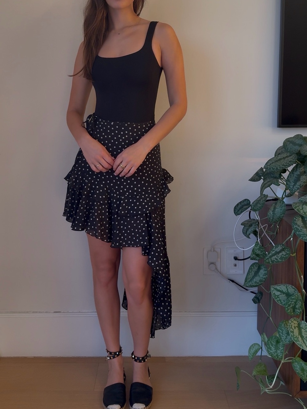 Black Polka Dot Asymmetric High-Low Ruffle Skirt